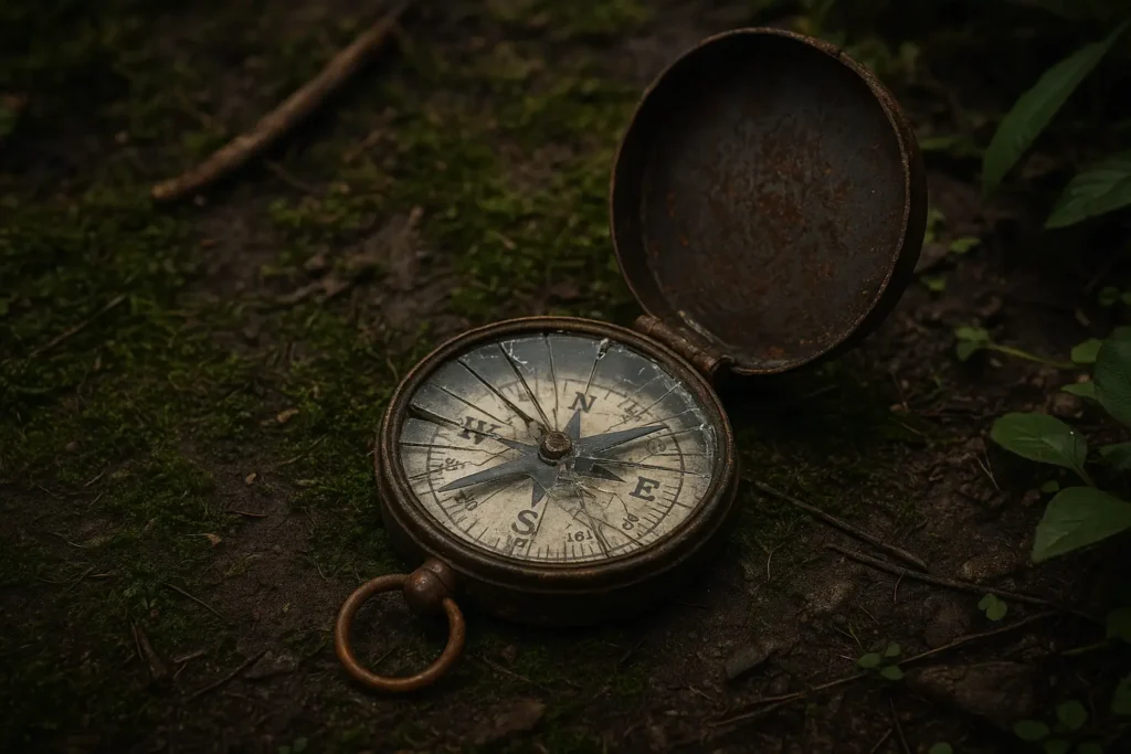 rust compass on jungle floor